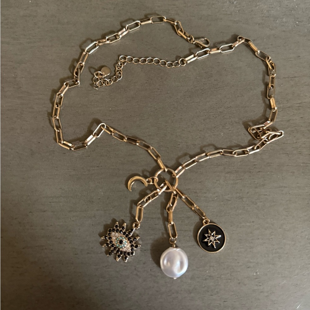 Gold Charm Necklace with Evil Eye, Pearl, Moon, and Star Accents